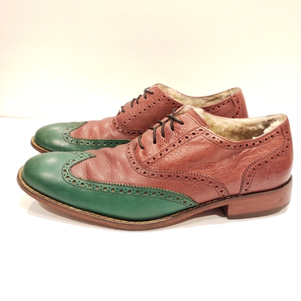 Rare Cole Haan mens size 10.5 shearling lined green tip brown leather shoes - Picture 2 of 7